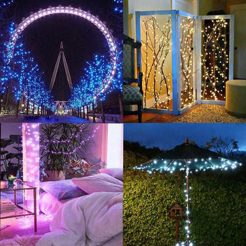 Collage of Fairy Lights Plug In 40ft 120 LED Twinkle String with Remote Timer, 16 Colors and 132 Modes for various decorative setups.