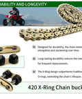X Ring 420 Chain For Honda 116 Links With Master Link Universal Fit Gold Color Low Friction And Superior Seal Long Lasting O Ring Alternative For Smooth Shifts And Prolonged Chain Life To Beef Up Your Ride. Gold 420 X-ring chain with master link and buckle close-up.
