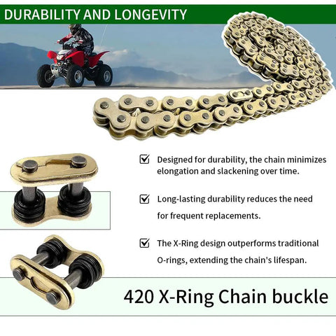 X Ring 420 Chain For Honda 116 Links With Master Link Universal Fit Gold Color Low Friction And Superior Seal Long Lasting O Ring Alternative For Smooth Shifts And Prolonged Chain Life To Beef Up Your Ride. Gold 420 X-ring chain with master link and buckle close-up.