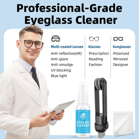 Eyeglass cleaning kit with spray bottle, microfiber cloth, and black portable cleaning tool