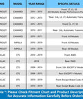 Vehicle compatibility chart listing make, model, year range, and specific details for Chevy Camaro, Impala, Cadillac CTS, XTS.