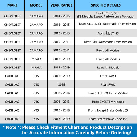 Vehicle compatibility chart listing make, model, year range, and specific details for Chevy Camaro, Impala, Cadillac CTS, XTS.