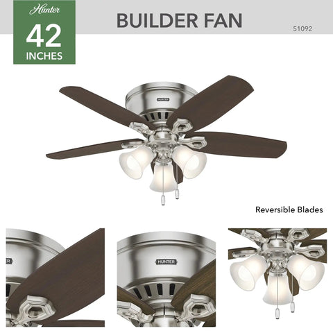 42 Inch Indoor Ceiling Fan With LED Lights, Low Profile Flush Mount, Pull Chain Control, Five Blades, Brushed Nickel Finish
