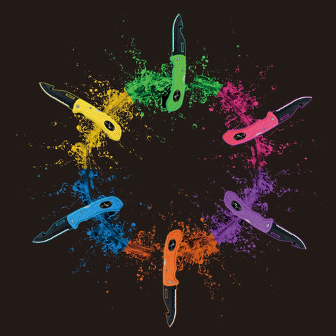 Colorful array of foldable dive knives with wrist lanyards in various colors displayed in circular pattern on dark background.