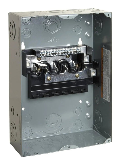 Interior view of Homeline Load Center With Cover 100 Amp Indoor Electrical Panel For Home Wiring 6 Space 12 Circuit One Phase Service Entrance