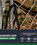 Diamond Grip Black Bungee Cord One Eighth Inch by One Hundred Feet Ultra Stretch Elastic Shock Cord secured on fence