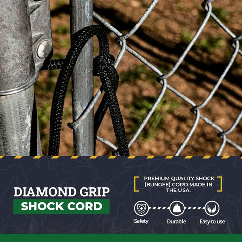 Diamond Grip Black Bungee Cord One Eighth Inch by One Hundred Feet Ultra Stretch Elastic Shock Cord secured on fence