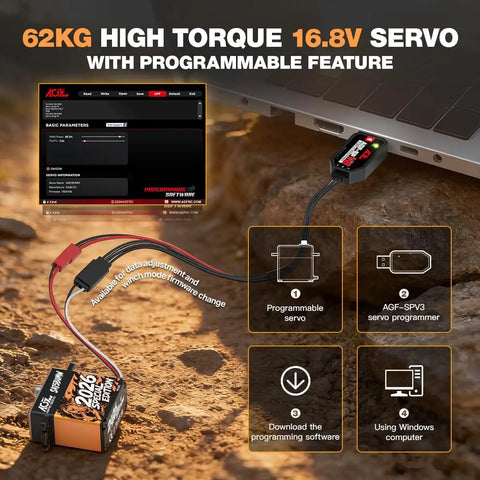 62Kg Brushless RC Servo Motor connected to PC with programming software showing 2026 Special Edition features