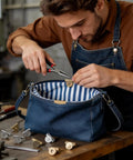 A person installing 14mm magnetic snaps in a blue tote, showing 24 Pairs 14mm Magnetic Snaps For Purses And Totes No Sew Closures With Install Tool.