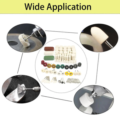 Pro Grade Rotary Tool Polishing Kit With Buffing Wheels And Felt Wool Pads Polish Compound Grinding Heads Point Tips And Mandrels One Eighth Inch Shanks Ideal For Jewelry And Metal Polishing Gear shown with various tool attachments for detailed work.