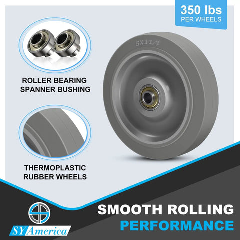Heavy Duty 5 Inch Tpr Caster Wheels 100 Pack Quiet Non Marking Replacement Casters For Cart Dolly Workbench Zero Drag Hella Smooth Roll Industrial Utility Gear close-up showing roller bearing, spanner bushing, and thermoplastic rubber wheel.