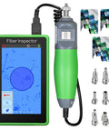 Front view of fiber optic inspection video probe A-600 handheld with 5-inch touchscreen; green grip and metal tips.