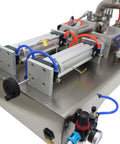 Close-up of Built Tough Workhorse Pneumatic Paste Liquid Filling Machine With Heating Mixing Hopper and Dual Nozzle Anti Drip Bottle Filler for Thick Fluids Stainless Steel 110V components.