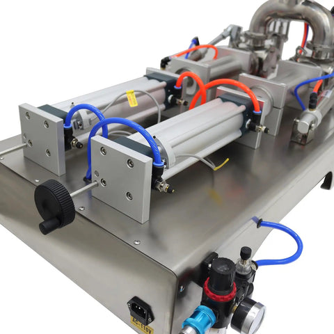 Close-up of Built Tough Workhorse Pneumatic Paste Liquid Filling Machine With Heating Mixing Hopper and Dual Nozzle Anti Drip Bottle Filler for Thick Fluids Stainless Steel 110V components.