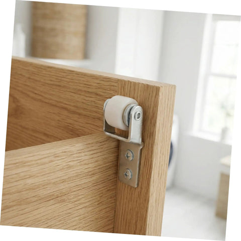 Six Pack Nylon Guide Wheels In Clean White For Furniture Track Systems And Drawer Hardware mounted on a wooden cabinet door.