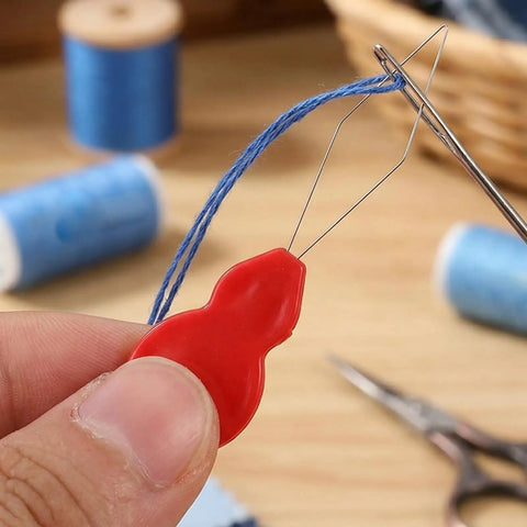 Gourd Shaped Needle Threader For Hand Sewing And Embroidery, Easy Threading Tool With Stainless Steel Needle, Portable DIY Craft Accessory For Quick Threading, Precise Stitches, And Creative Projects, red plastic handle threading blue thread