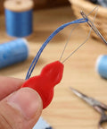 Gourd Shaped Needle Threader Tool With Plastic And Metal Build 100 Pcs Quick And Smooth Thread Insertion For Hand Sewing And Embroidery Travel Friendly For On The Go Quilting And Yarn Projects, red plastic and metal threader with blue yarn