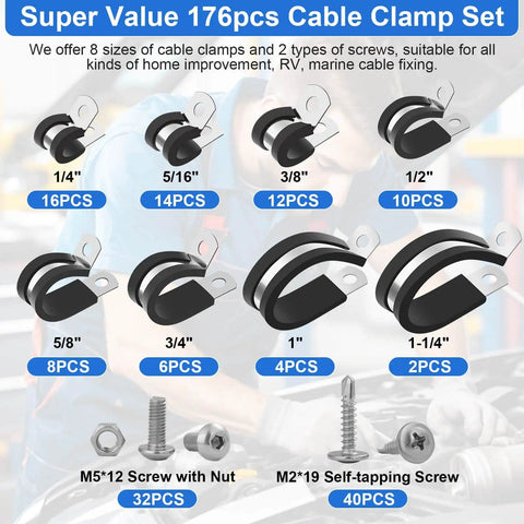 176 Piece Cable Clamps Set With Screws Eight Sizes Rubber Insulated Stainless Steel Cushioned Pipe And Loop Clamps