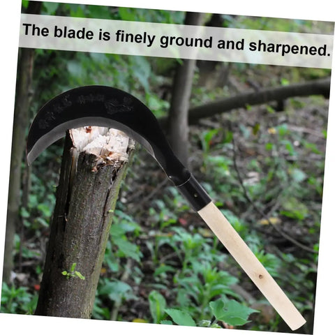 Grass Scythe With Manganese Steel Blade And Long Handle For Easy Weeding And Lawn Care shown cutting a tree trunk