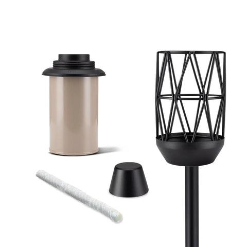 Score This Awesome Wire Metal Torch That Zaps Mosquitoes While Lighting Up Your Outdoor Space Perfect For Patio Vibes Lawn Hangouts Backyard Bashes And Garden Nights Includes Tough Wick Plus Snuffer; wire metal torch parts including canister and wick.