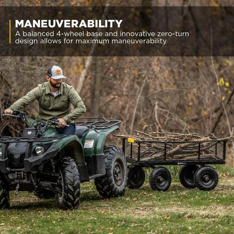 Heavy-Duty Steel Utility Cart With 4 Cu Ft Bed And 900 LB Load Capacity, Black Towable Hauling Wagon in use for yard work