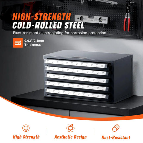 Front view of Five Drawer Steel Tap Dispenser Cabinet With Sixty Compartments Holds Tap Sizes From 2 56 To 12 28 in workshop setting