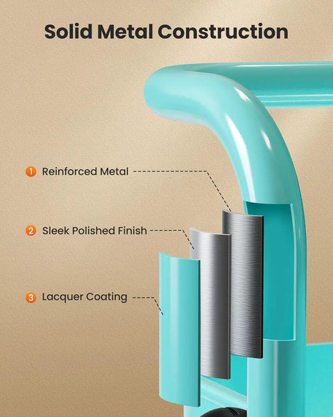 Close-up of Three Tier Mesh Rolling Cart On Wheels With Handle Turquoise Finish, showing reinforced metal and polished lacquer coating.