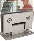 Close-up of heavy duty stainless steel glass shower door hinges 90 degree fits 8 to 12mm glass, showing installation view.
