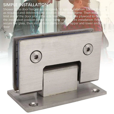 Close-up of heavy duty stainless steel glass shower door hinges 90 degree fits 8 to 12mm glass, showing installation view.