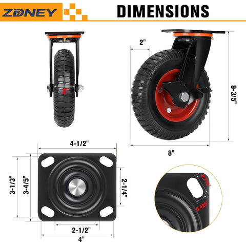 Heavy Duty Casters Set Of 4 With 8X2 Inch Solid Rubber Wheels And Knobby Tread, dimension details with brake and swivel