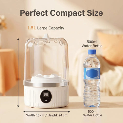 Pocket Sized Rechargeable Mini Washing Machine Wash Your Damp Threads With Ease For Gym Kits Socks Undies And Baby Rags Quick Travel Laundry Hack Compact Backpack Friendly Spin Cycle Fast Rinse Mode shown with size comparison to water bottle.