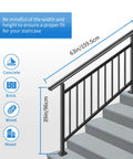 Top Tier Adjustable 5 Step Handrail Kit Straight Up Safety Driven Fence Style Stair Railing For Indoor Outdoor Porch Deck Steps Heavy Duty Build Zero Fuss Assembly 63 By 38 with height and width dimensions.