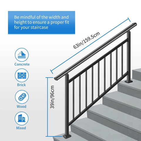 Top Tier Adjustable 5 Step Handrail Kit Straight Up Safety Driven Fence Style Stair Railing For Indoor Outdoor Porch Deck Steps Heavy Duty Build Zero Fuss Assembly 63 By 38 with height and width dimensions.