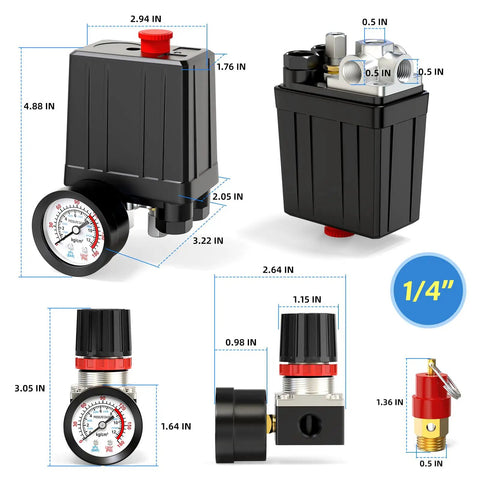 Air Compressor Pressure Switch With 4 Way Valve And Regulator 0 To 180 Psi 90 To 120 Psi Cut In Cut Off 110V 240V Dual Voltage Heavy Duty Safety Relief Valve Replacement Parts With Red On Off Switch And Easy Adjustment Knob showing dimensions
