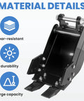 Built Tough Mini Excavator Attachment, black flat backhoe bucket with high manganese steel tooth and two pins for loading sand soil