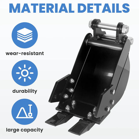 Built Tough Mini Excavator Attachment, black flat backhoe bucket with high manganese steel tooth and two pins for loading sand soil