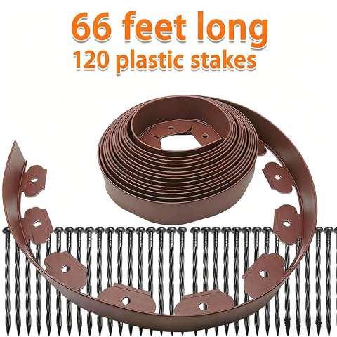 66 Feet Brown Lawn Edging Kit With 120 Spikes For Landscape And Garden Borders, coiled edging and spikes visible