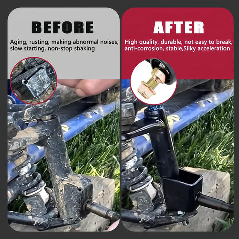 Before and after of Right Hand Steering Knuckle Spindle for Go Karts Compatible with KT196 under front suspension with close-up view.