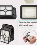 Six Pack Replacement Parts Kit For CrossWave Pet Pro 2306A And CrossWave 1785 Series Vacuums Includes Three Brush Rolls And Three Filters A Must Have For Pet Hair Cleanup Compare To 1613568 161-3568 And 1608684. Two vacuum filters with instructions on cleaning the filter.