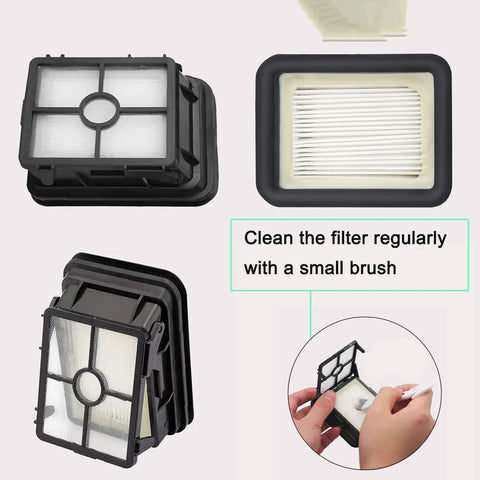 Six Pack Replacement Parts Kit For CrossWave Pet Pro 2306A And CrossWave 1785 Series Vacuums Includes Three Brush Rolls And Three Filters A Must Have For Pet Hair Cleanup Compare To 1613568 161-3568 And 1608684. Two vacuum filters with instructions on cleaning the filter.