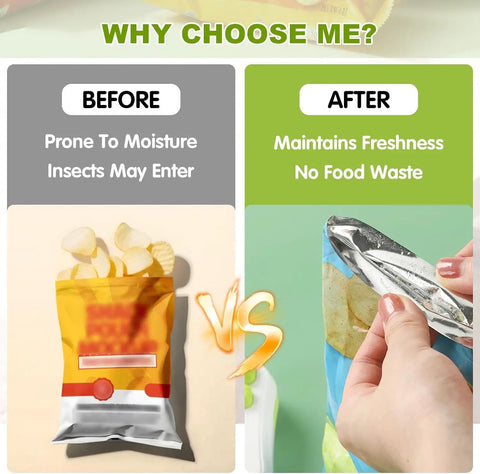 Comparison of snack bag sealed with vs. without Rechargeable 2 In 1 Bag Sealer With Cutter, Portable Handheld Food Sealer For Kitchen.