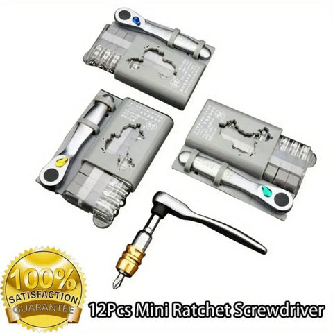 Clutch Right Angle Screwdriver With 36 Tooth Mini Ratchet Wrench For Super Tight Spots Low Profile Offset Driver And Magnetic Ratchet Tool on display with 12 precision bits.