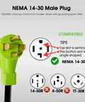 NEMA 14-30 male plug design showing compatibility for Premium Heavy Duty 30 Amp Y Splitter Cord for Tesla EV Chargers.