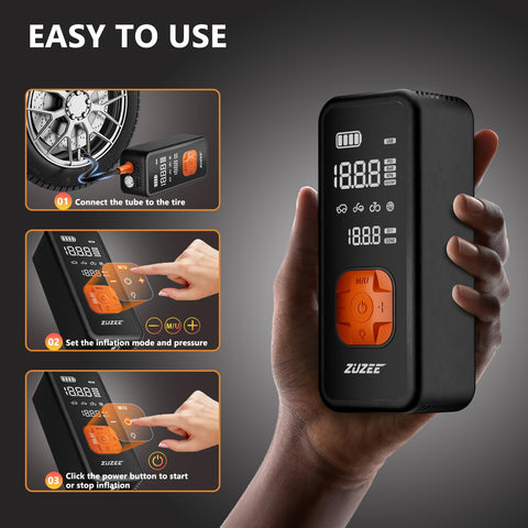 Person holding Portable Tire Inflator Air Pump With Digital Pressure Gauge And LED Light, 4X Faster Inflation To 150 PSI