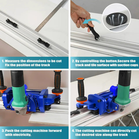 Orbital Angle Grinder Tile Cutter in action, demonstrating precise cutting of large ceramic and porcelain tiles up to 124 inches.