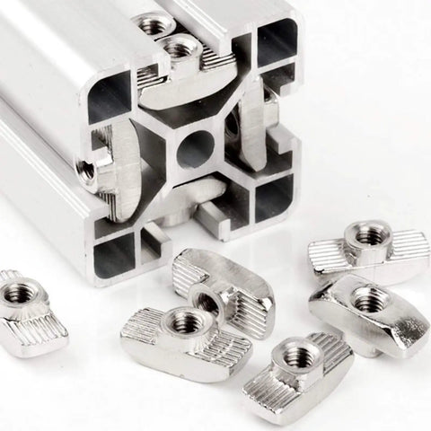 Aluminum extrusion showing M6 T slot nuts, forged from nickel plated carbon steel for 4545 aluminum extrusions featuring hammer head fasteners.