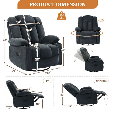 Cozy Swivel Rocker Recliner Chair For Adults With Massage Heat And Vibration 360 Degree Glider Lounge Sofa dimensions diagram