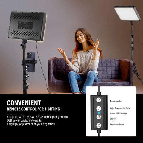 Two Pack Bi Color LED Video Lights with 59 Inch Tripod Stands and Phone Holders, remote control for lighting setup