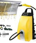 This 3000W High Pressure Steam Cleaner Is An Absolute Game Changer For Deep Cleaning, cleaning a greasy kitchen hood with a nozzle.
