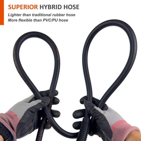 No Fuss Lightweight Hybrid Air Compressor Hose 3/8 In X 10 Ft with flexible kink-resistant design held in gloved hands.